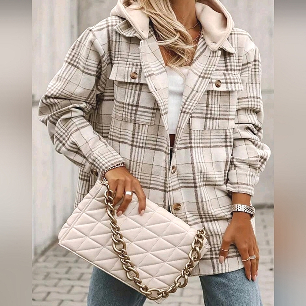 New Casual Plaid Button Down Hoodie Jacket Cream Tan Khaki White - Picture 4 of 6